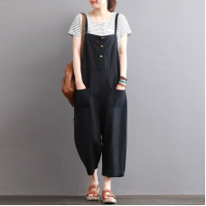 enjoysweety Women Loose Black Linen Jumpsuits Overalls Pants With Pockets, Women Summer Casual Pants ，Legging Pants - 0312