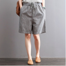 enjoysweety Women Short Pants，Elastic Waist Pants，Cotton Pants，Linen Pants，Leisure Pants，Casual Pants，Harem Pants，Wide Leg Pants，Striped Trousers—0313