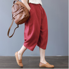 enjoysweety Women Cropped Pants，Linen Pants，Leisure Pants，Casual Pants，Harem Pants，Wide Leg Pants，Solid Color Trousers—0314