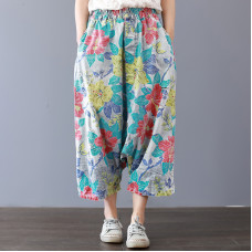 enjoysweety Women Printed Denim Pants Beach Pants, Cropped Pants，Elastic Waist Cotton Zen Pants, Harem Pants，Wide Leg Pants, Broken-hole Jeans，Trousers—0316