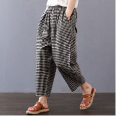 enjoysweety Women Cropped Pants，Elastic Waist Pants，Cotton Pants，Leisure Pants，Casual Pants，Harem Pants，Wide Leg Pants，Plaid Trousers—0320 