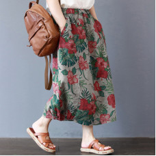enjoysweety Linen Skirt, Midi Skirt, Ruffle Skirt, Ruffle Linen Skirt with Pockets, Linen Midi Skirt, Printing Linen Skirt - 0373