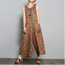 enjoysweety Women Leisure Linen Jumpsuits，Cotton Overalls，Comfortable Wide Leg Pants，Loose Overalls，Broken Flower Trouser With Pockets - 0376