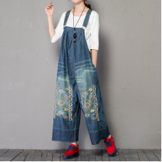 enjoysweety Women Leisure Linen Jumpsuits，Cotton Overalls，Comfortable Wide Leg Pants，Loose Overalls，Broken Flower Trouser With Pockets - 0379