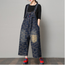 enjoysweety Women Leisure Linen Jumpsuits，Cotton Overalls，Comfortable Wide Leg Pants，Loose Overalls，Printing Trouser With Pockets - 0382