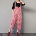 enjoysweety Women Leisure Linen Jumpsuits，Cotton Overalls，Comfortable Wide Leg Pants，Loose Overalls，Broken Flower Trouser With Pockets - 0384