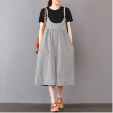 enjoysweety Women Leisure Linen Jumpsuits，Cotton Overalls，Comfortable Wide Leg Pants，Loose Overalls，Plaid Trouser，Plus Size Clothing - 0387