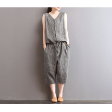 enjoysweety Women Leisure Linen Jumpsuits，Cotton Overalls，Comfortable Wide Leg Pants，Loose Overalls，Plaid Trouser With Pockets - 0388