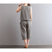 enjoysweety Women Leisure Linen Jumpsuits，Cotton Overalls，Comfortable Wide Leg Pants，Loose Overalls，Plaid Trouser With Pockets - 0388