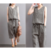 enjoysweety Women Leisure Linen Jumpsuits，Cotton Overalls，Comfortable Wide Leg Pants，Loose Overalls，Plaid Trouser With Pockets - 0388