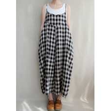 enjoysweety Women Casual Linen Vest Dress，Strap Dress，Plaid Overalls，Loose Overalls With Pockets，Plus Size Zlothing- 0393