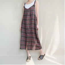 enjoysweety Women Casual Linen Vest Dress，Strap Dress，Plaid Overalls，Loose Overalls With Pockets，Plus Size Clothing- 0395